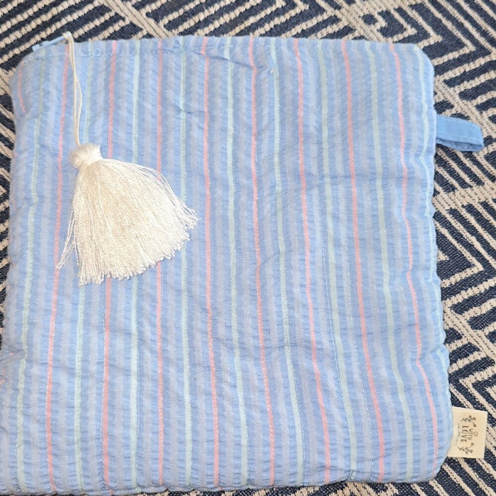 Zippered Quilted Pouch Bag Blue With Stripes 8" X 8.5"